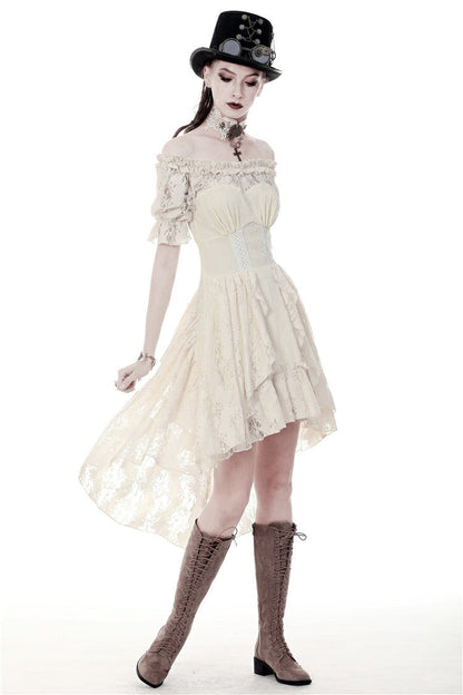 Beige Ruffled Off Shoulder Short Sleeves Ruched Women's Steampunk Vintage Gorgeous Graduation Dress