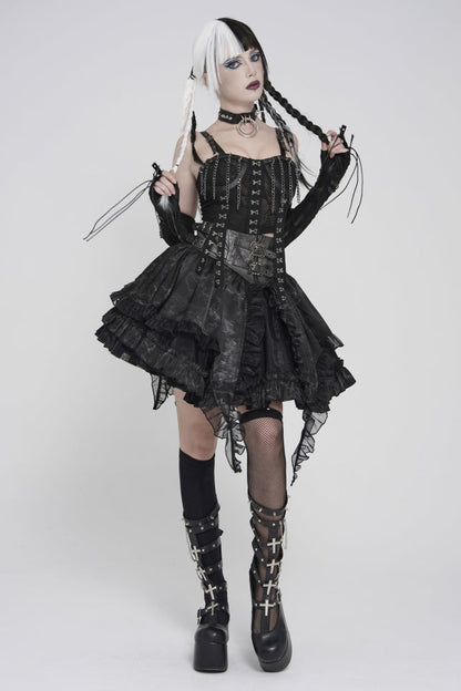 Black Off Shoulder Lace Lace-Up Slim Mesh Strappy Chain-Decorated Eyelet Women's Punk Corset