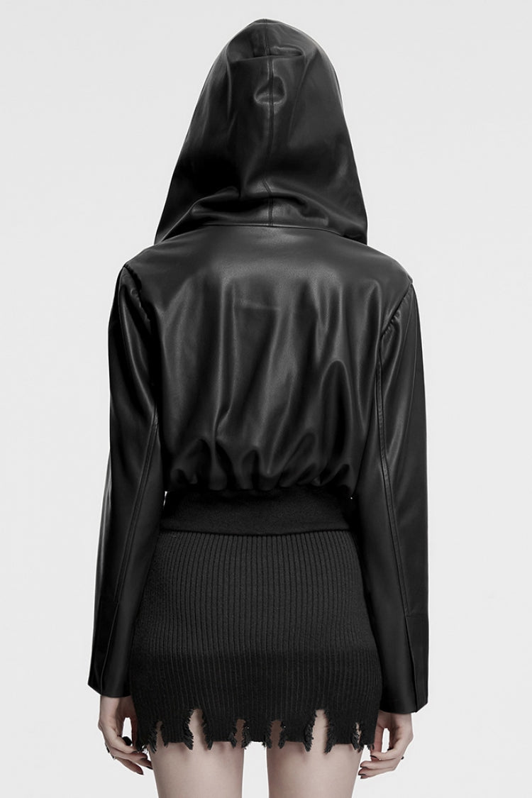 Black Long Sleeves Elastic Waist Faux Leather Hooded Women's Punk Jacket