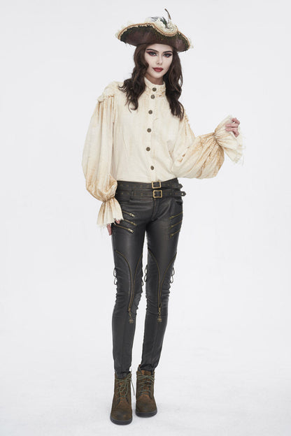 Beige Stand Collar Lantern Sleeves Print Lace Women's Punk Blouse