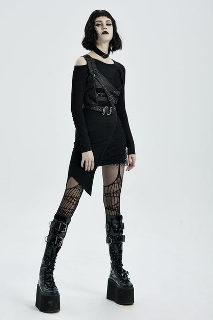 Black Cut-Out Asymmetric Buckled Eyelet Women's Punk Accessory with Pocket