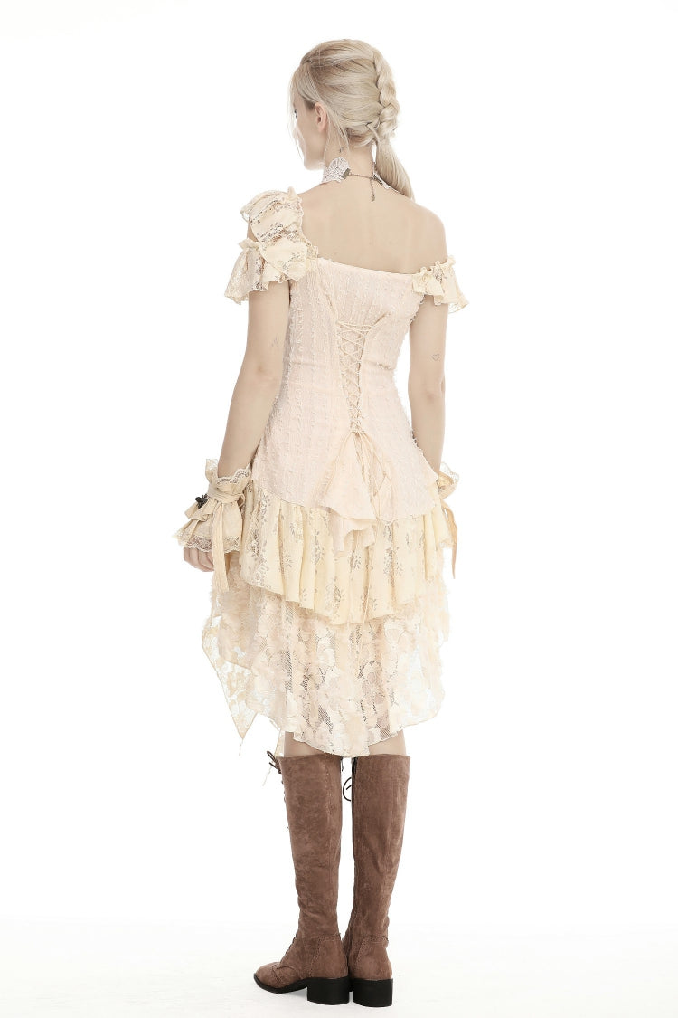 Beige Irregular Multi-Layered Ruffled Lace Women's Steampunk Vintage Dress