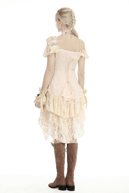 Beige Irregular Multi-Layered Ruffled Lace Women's Steampunk Vintage Dress