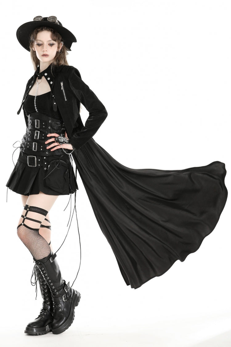 Black Long Sleeves Spliced Lace-Up Women's Gothic High Low Faux Leather Long Tail Jacket