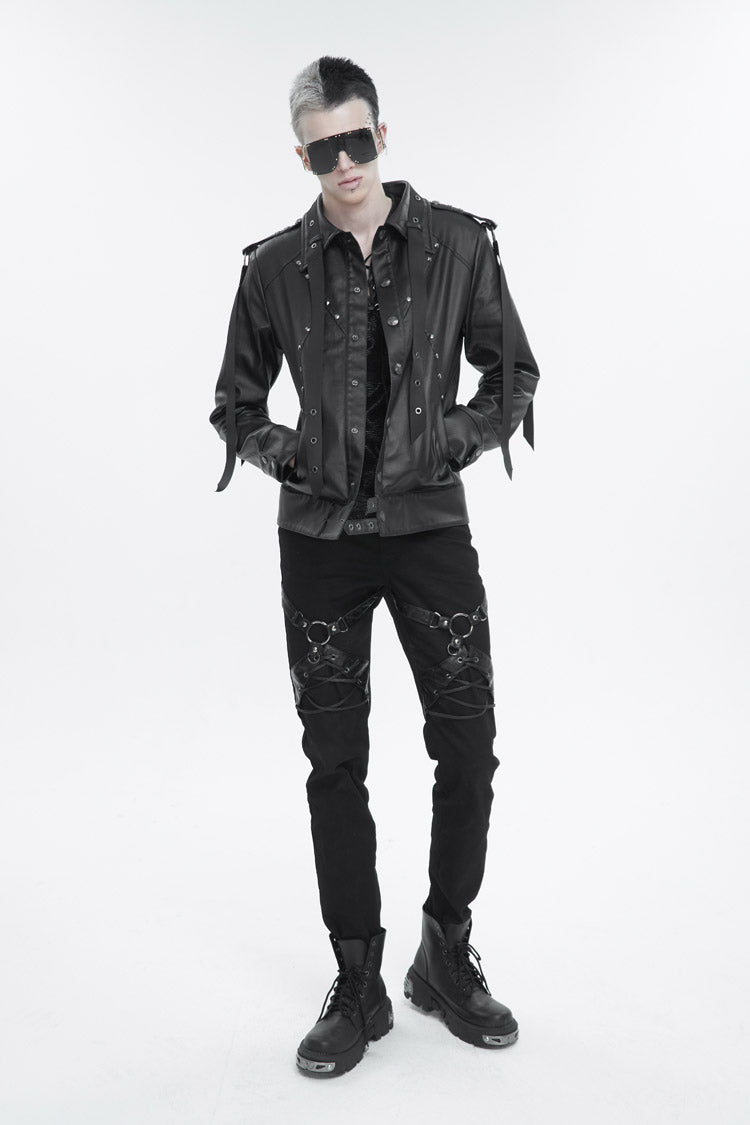 Black Lapel Collar Studded Strap Dashing Men's Punk Jacket