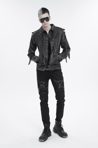 Black Lapel Collar Studded Strap Dashing Men's Punk Jacket