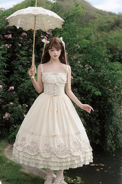 Apricot [Fantasy Butterfly] Triple-Layered Ruffle Embroidery Bowknot Lace Sweet Princess Lolita Jsk Dress