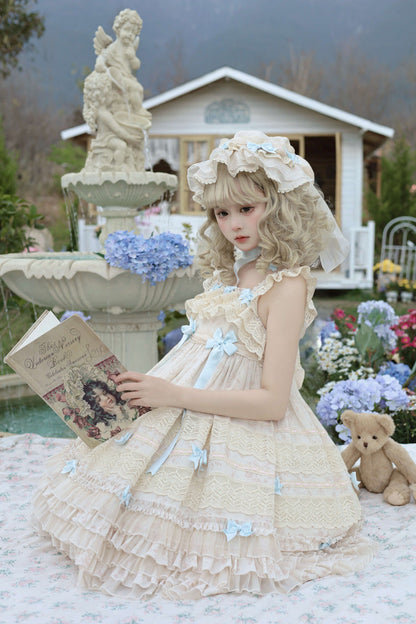 Beige [Little Wind Chime] Sleeveless Multi-Layered Printed Ruffled Bow Lace Sweet Elegant Princess Lolita Jsk Dress