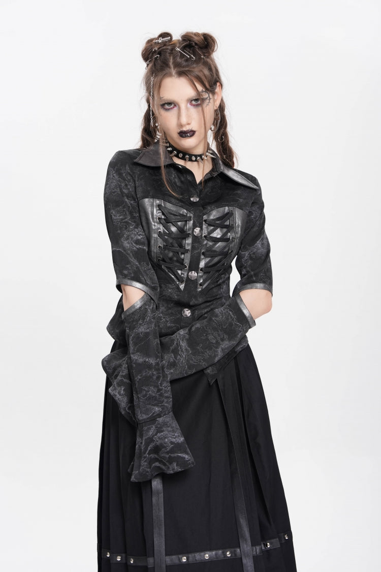 Black Lapel Collar Long Sleeves Print Lace-Up Cutout Women's Punk Blouse