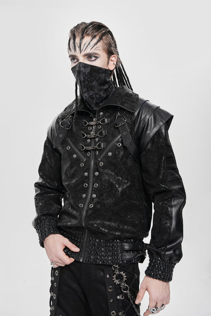 Black Faux Leather Stitching Buckle Zipper Straps Men's Punk Coat