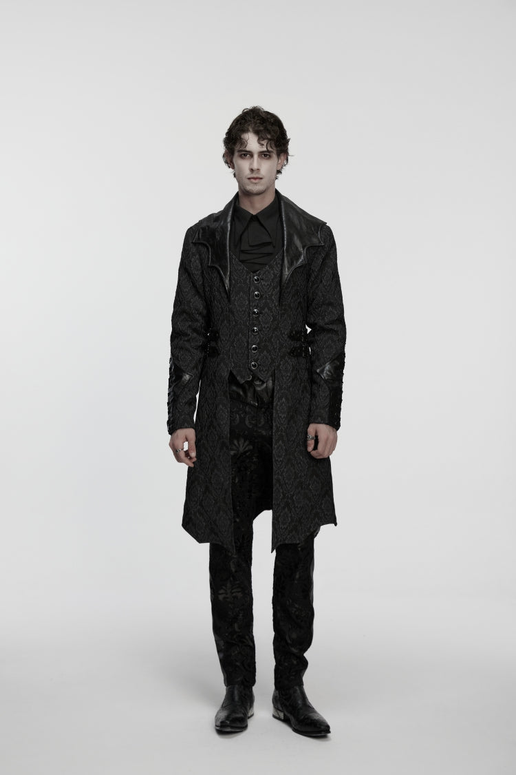 Black Lapel Collar Long Sleeves Jacquard Spliced Lace-Up Slim Buckled Men's Gothic Coat