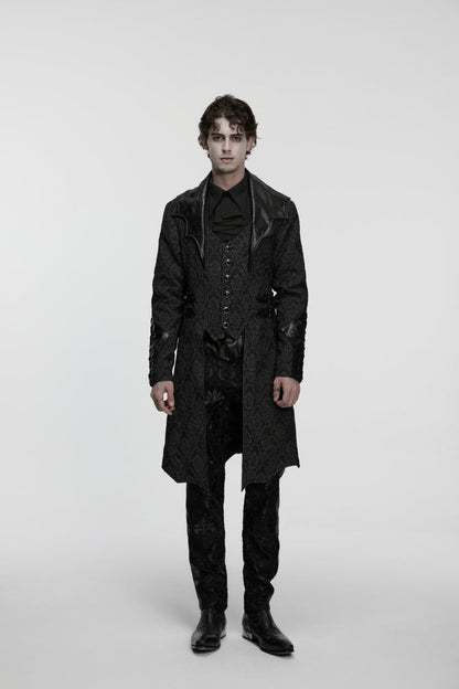 Black Lapel Collar Long Sleeves Jacquard Spliced Lace-Up Slim Buckled Men's Gothic Coat