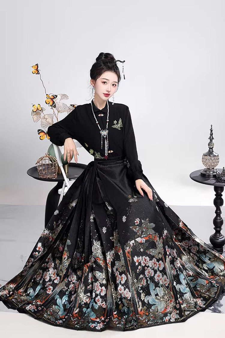 Black Long Sleeves High Waisted Printed Ruffled Foil-Stamped Gothic Hanfu Horse-face Skirt Set