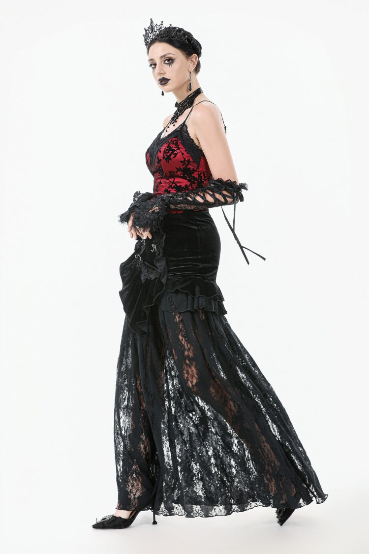 Black Multi-Layered Ruffled Velvet Spliced Lace Lace-Up Women's Gothic Long Skirt