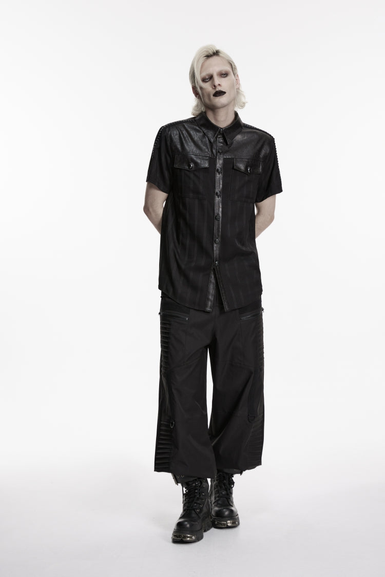 Black Lapel Collar Short Sleeves Spliced Men's Punk Shirt