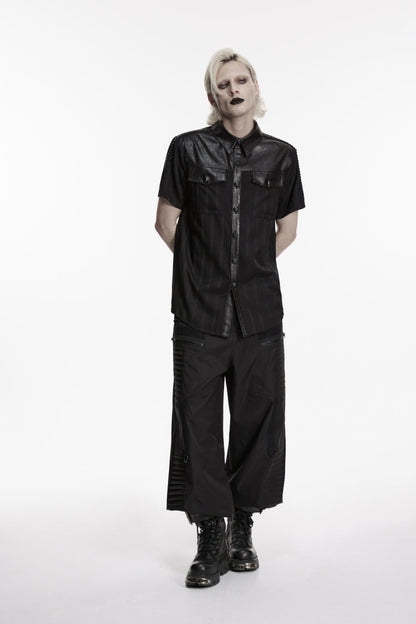 Black Lapel Collar Short Sleeves Spliced Men's Punk Shirt