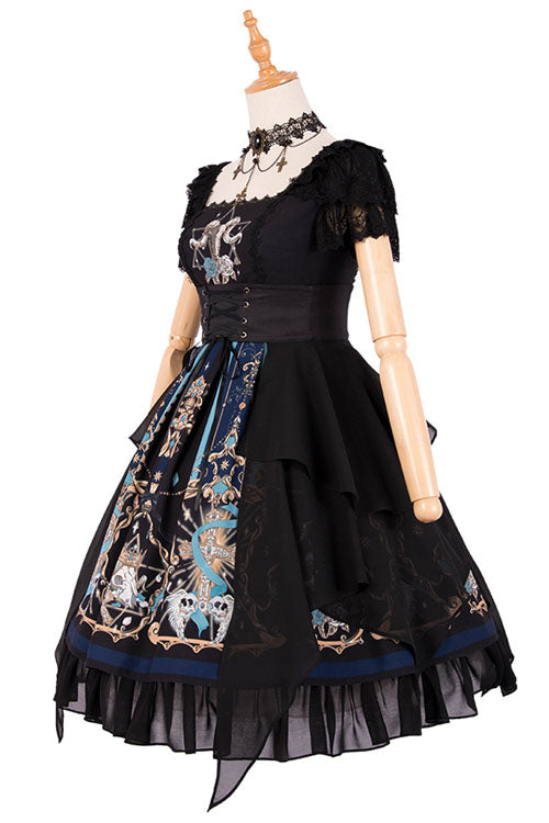 Black God's Salvation Square Collar Short Sleeves Lace Ruffled Gothic Lolita OP Dress
