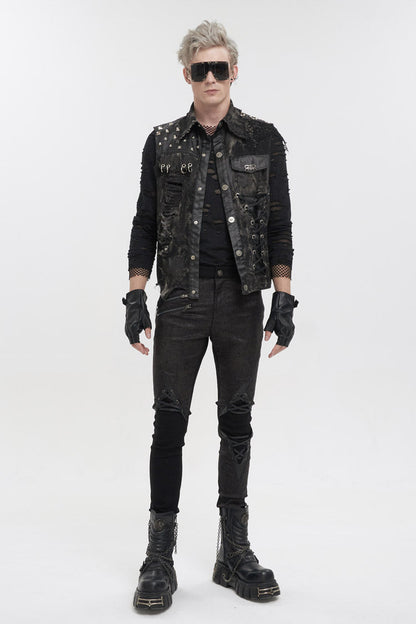 Black Loose Non-Stretch Tie-Dye Decadent Snatched Skull Sheep Head Decoration Men's Punk Vest