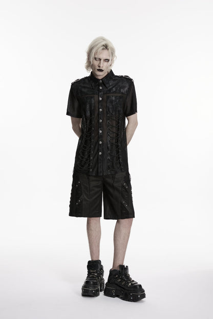 Black Lapel Collar Short Sleeves Spliced Lace-Up Sheer Mesh Eyelet Men's Punk Handsome Shirt