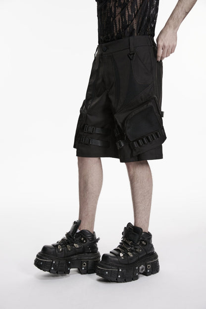 Black Buckled Men's Punk Cool Shorts with Big Pockets