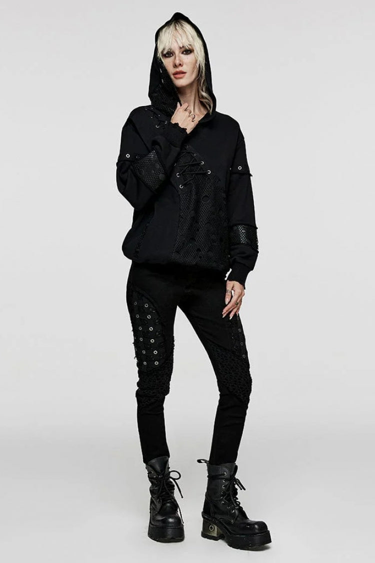 Black Long Sleeves Print Metal Eyelet Lace-Up Hooded Womens Steampunk Jacket