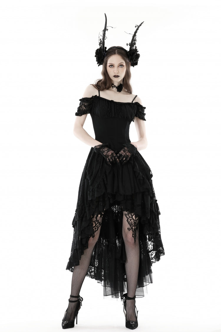 Black Boat Neck Off Shoulder Short Puff Sleeves Ruffled Lace Lace-Up Irregular Women's Gothic Dovetail Dress