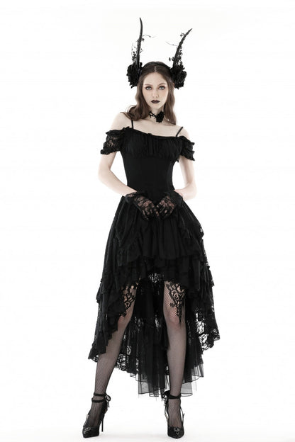 Black Boat Neck Off Shoulder Short Puff Sleeves Ruffled Lace Lace-Up Irregular Women's Gothic Dovetail Dress