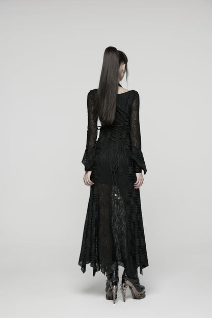 Black Off Shoulder Halterneck Long Trumpet Sleeves Hanayome Lace Lace-Up Women's Punk Dress