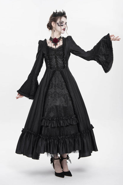 Black Long Sleeves Floral Embroidery Lace-Up Pleated Women's Gothic Dress