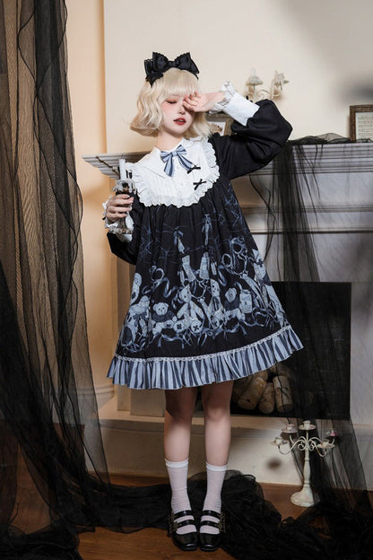 Black Long Sleeves Bear Printed Ruffled Bow Elegant Plus Size Gothic Lolita Dress