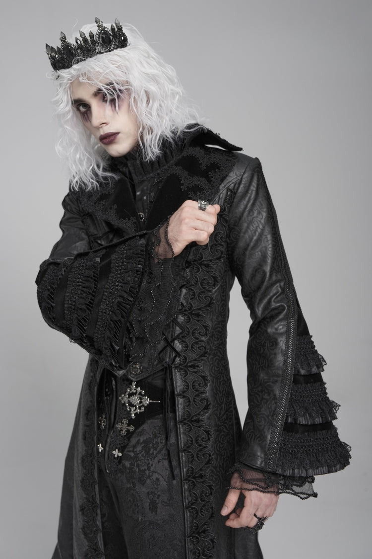 Black Long Trumpet Sleeves Floral Crochet Embroidery Lace-Up Men's Gothic Coat