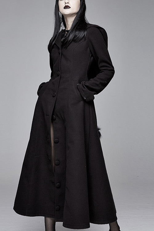 Black Gothic Double Faced Woolen Hooded Long Sexy Women Coat