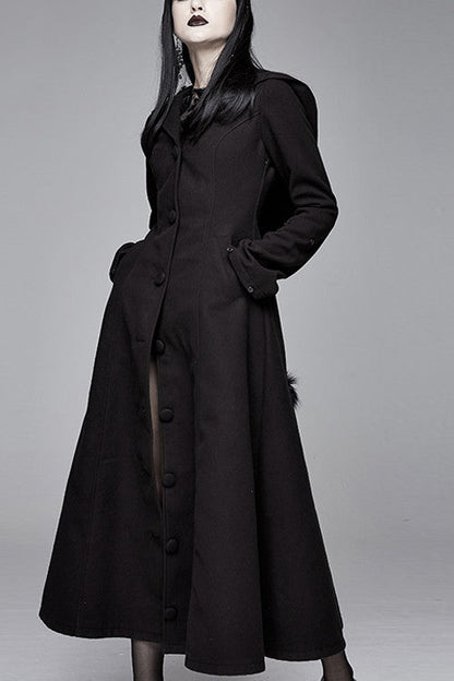 Black Gothic Double Faced Woolen Hooded Long Sexy Women Coat