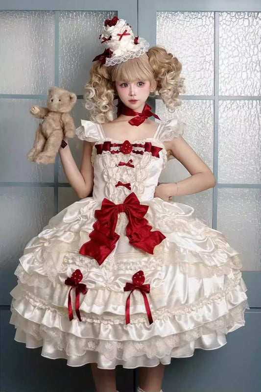 Apricot [Berry Endless] Square Collar Sleeveless Multi-Layered Ruffled Embroidered Bow Lace Sweet Lolita Jsk Dress