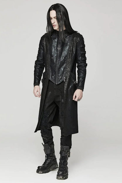 Black Crackled Mesh Hollow Stitching Hooded Mens Steampunk Coat