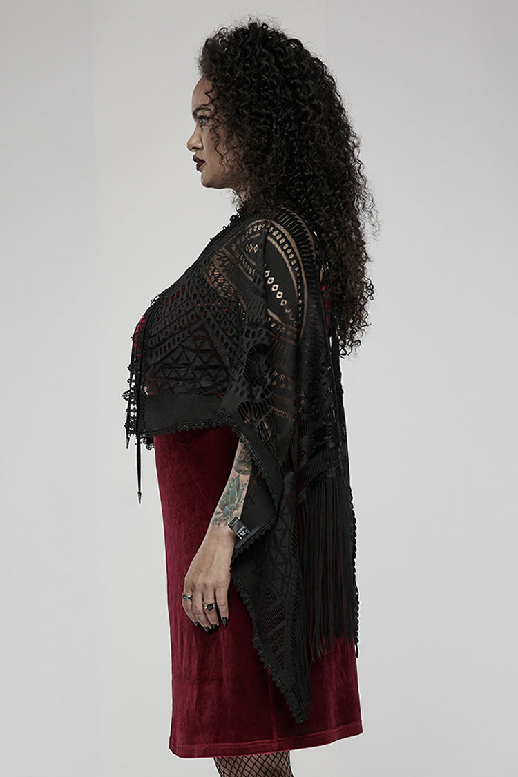 Black Openwork Lace Embroidery Pattern Decoration Hem Fringed Design Elasticated Neckline Women's Gothic Shawl