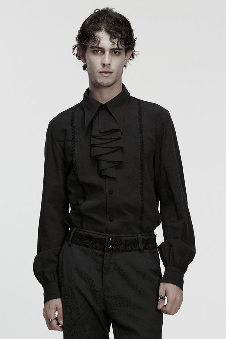 Black Lapel Collar Long Puff Sleeves Men's Gothic Blouse with Detachable Necktie White