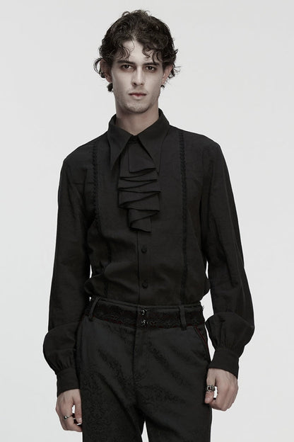 Black Lapel Collar Long Puff Sleeves Men's Gothic Blouse with Detachable Necktie White