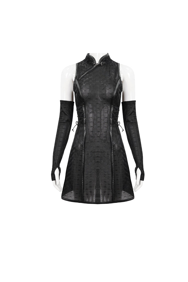 Black Laminated Stretch Cheongsam Collar Sleeveless Short Women's Punk Dress