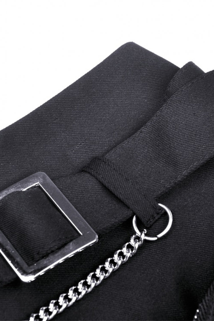 Black Pleated Big-pocket Chain-Decorated Women's Punk Mini Skirt with Belt