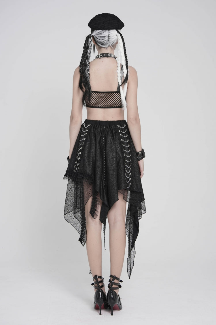 Black Lace Irregular Chain-Decorated Women's Punk Streamer Skirt