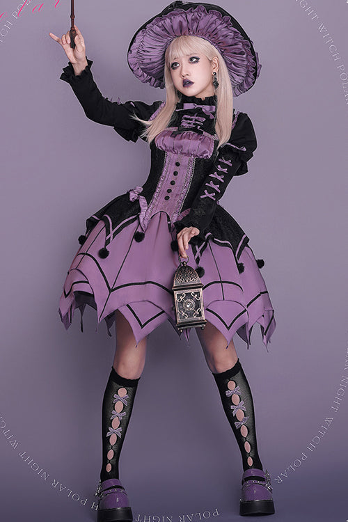 Black / Purple Round Collar Ruffled Long Sleeves Waist Irregular Hem Imp Sweet Lolita OP Dress Full Set