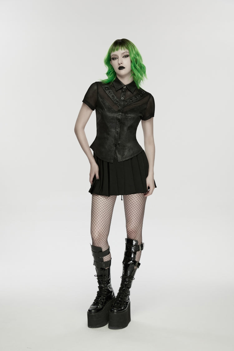 Black Lapel Collar Short Sleeves Lace-Up Mesh Eyelet Women's Punk Blouse