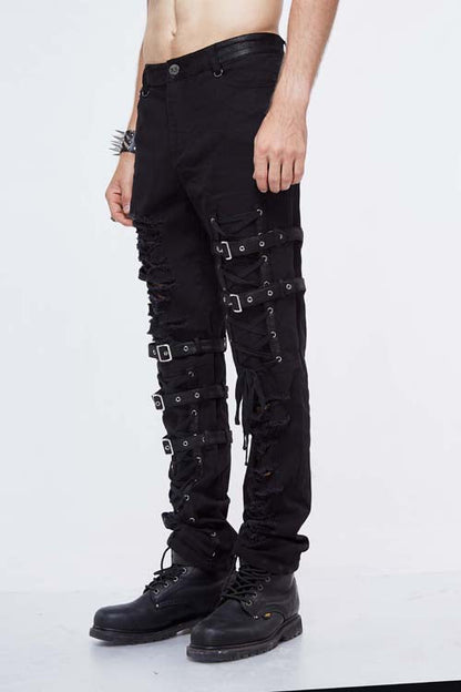 Black Asymmetric Loops Ragged Punk Rock Broken Holes Bandage Mens Pants