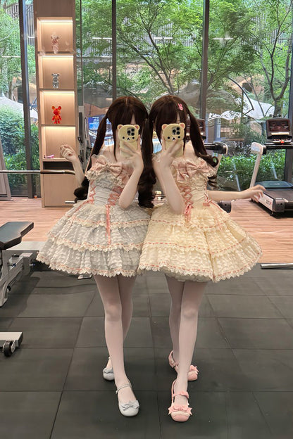 Apricot [Song of Floral Letters] Sleeveless Triple-Layered Bowknot Lace-Up Sweet Lolita Jsk Dress