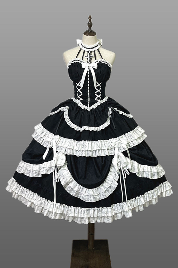 Black Cross Halterneck Ruffle Bowknot Lace Lace-Up Princess Gothic Lolita Dress