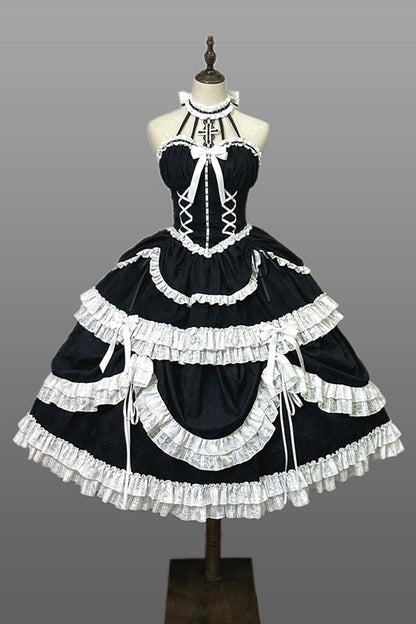 Black Cross Halterneck Ruffle Bowknot Lace Lace-Up Princess Gothic Lolita Dress
