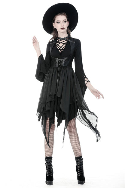 Black Chiffon Sleeveless Cut-Out Chest Irregular Hem Lace-Up Buckled Women's Punk Jacket