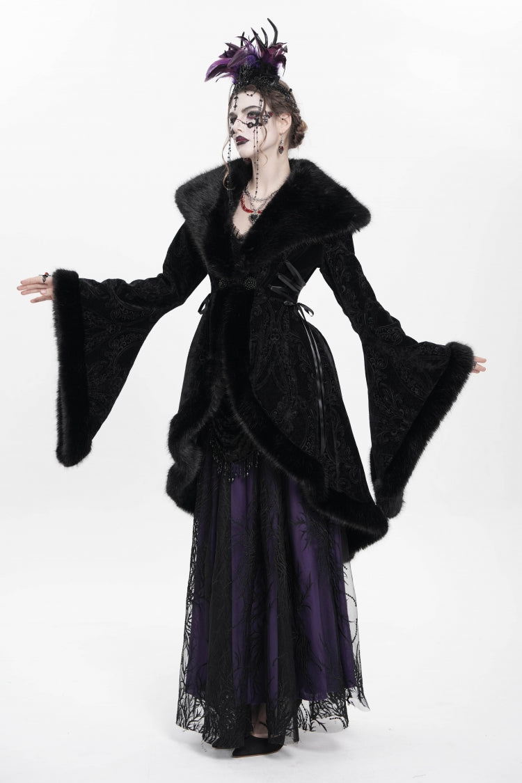 Black Long Sleeves Floral Embroidery Women's Gothic Fluffy Coat