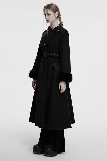 Black Long Sleeves Studded Floral Embroidery Faux Fur Stitching Women's Gothic Coat